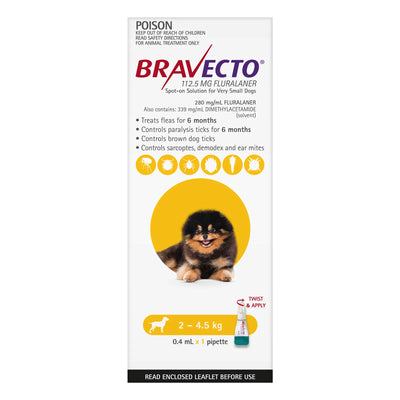 BRAVECTO Spot On For Very Small Dogs 2 - 4.5 KG Yellow