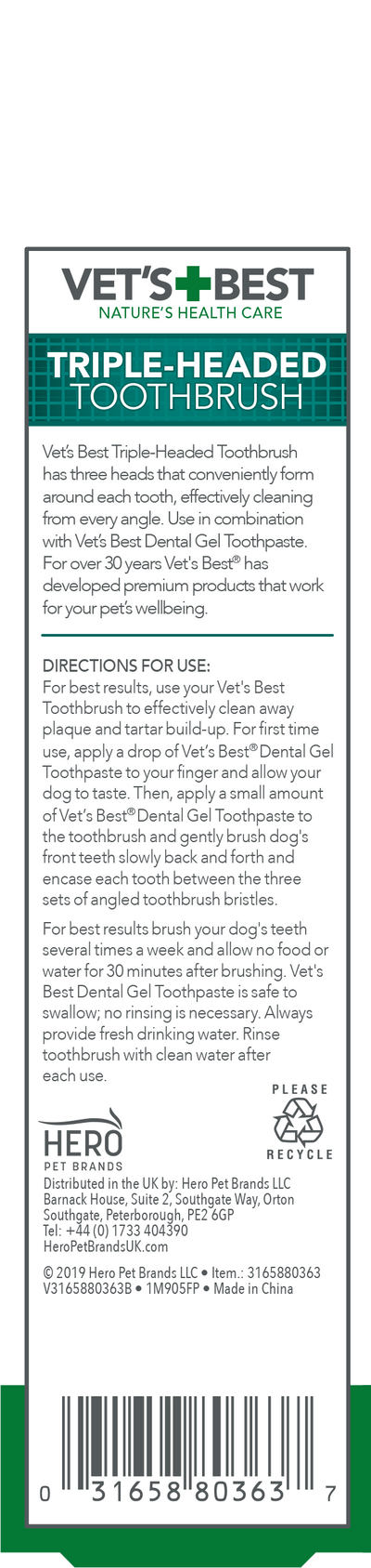 VET'S BEST Triple Headed Toothbrush For Dogs